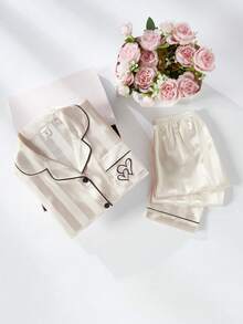 Tween Girls Pajamas-2 Piece Pajama Set Heart Embroidery Satin Look Champagne Pink Button Front Notch Collar Long Sleeve Top Long Pants Contrast Black Piping Sleepwear Four Seasons Holiday 2026 Essential Gift Cozy Versatile - Champagne - View 3
