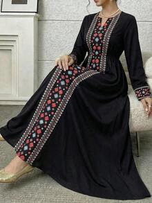 优雅复古几何印花喇叭袖连衣裙，中东穆斯林女孩长袖长裙 - 彩色 - 查看 3