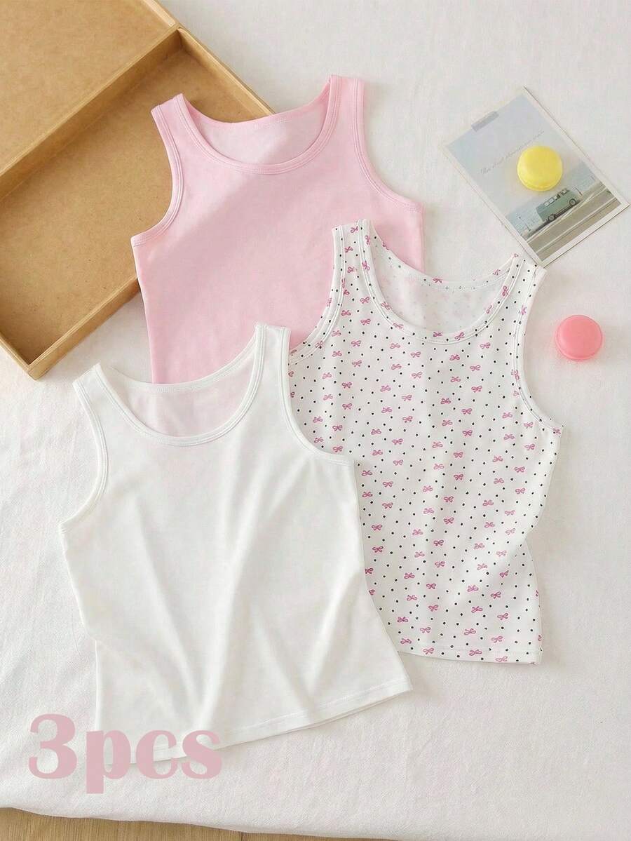 SHEIN 3件套女童可爱兔子爱心印花柔软舒适五件套内衣套装，粉色