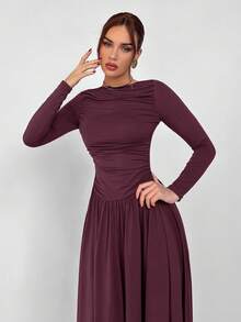 Aloruh Đầm dệt kim dài tay xếp ly màu trơn dành cho nữ - Màu Tím - Xem 5