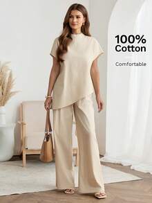 Easowa 100%纯棉杏色宽松女式两件套，立领蝙蝠袖短袖不规则下摆衬衫搭配长裤，保守时尚的套装，适合办公室、通勤和日常休闲穿着，春夏款。 - 杏色 - 查看 4