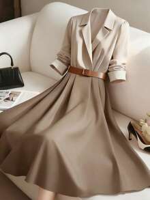 GlowEve 女士拼色拼接设计收腰A字优雅日常通勤时尚法式街头复古百搭假日商务衬衫裙长袖，秋冬