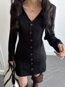 DAZY Women's Fashionable Solid Color V-Neck Single-Breasted Mid-Length Dress Sundress - Black - View 5