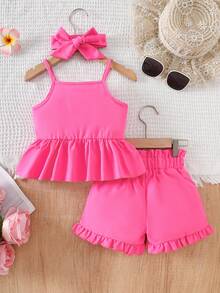 Elladie kids 2件組 4-7歲女童淺粉色花卉裝飾細肩帶上衣（荷葉邊下擺）搭配鬆緊腰短褲套裝，夏季周歲花朵風穿搭 - 粉色 - 查看 2