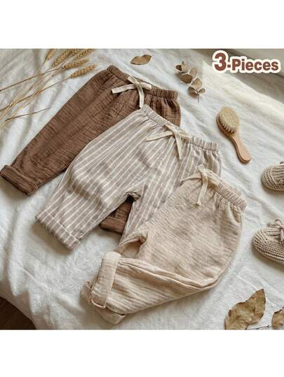 Loomiva 3pcs Baby Boys/Girls Elastic Waist Pants Set With Decorative Ribbon, Versatile & Comfortable For Outings, Street Style, Home, Party