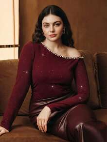 Anewsta Nouveau Top pour femmes grande taille à manches longues avec épaule oblique, orné de strass rouges laser. Convient pour le printemps, les fêtes de la Saint-Valentin - Rouge foncé - Voir 1