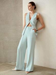 MOTF PREMIUM Conjunto de dos piezas: chaleco sin mangas y pantalones con costuras frontales para mujer - Celeste - Ver 4