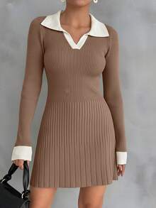 Women's Colorblock Ribbed Casual Everyday Wear & Date Knit Long Sleeve Dress - Brown - View 6