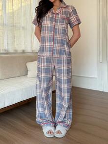 Napfluff Bộ đồ ngủ nữ tay ngắn và quần dài kẻ caro viền tương phản - Nhiều màu - Xem 1