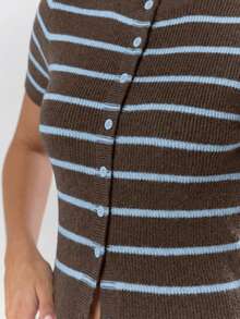 MUSERA Striped Rib Knit Button Through Fitted Short Sleeve Top Cosy Cute Casual Coffee Club Winter Elegant Evening Party - Chocolate Brown - View 6