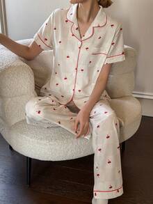 SHEIN Napfluff Bubble Wrinkle Cherry Plaid Print Short Sleeve Pajama Set - Beige - View 4