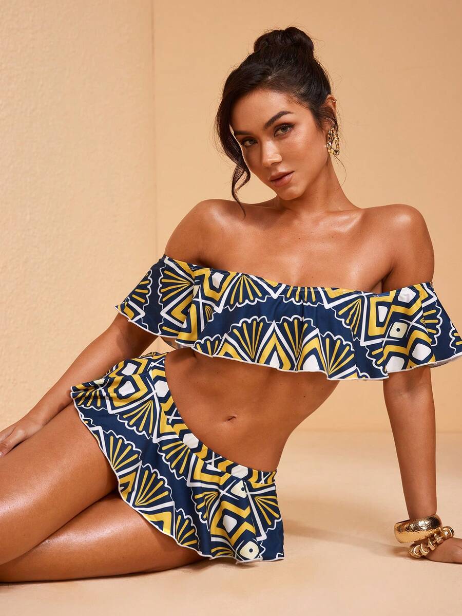 JIAN LASALA All-Over Print Knit Jersey Off-Shoulder Ruffle Top And Panties Set Women Holiday Vacation Wear - Multicolor - View 1