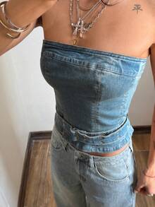 StreetHx 时尚休闲复古街头风牛仔抹胸上衣 - 中等水洗藍 - 查看 7