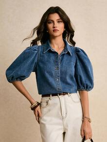 Poéselle Women's Short Puff Sleeve Single-Breasted Casual Denim Blouse - Medium Wash - View 6