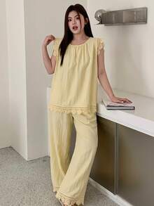 Dazy Plus 2pcs Cute Homewear Set, Solid Color Loose Sleeveless Top And Long Pants, Spring/Summer Pajamas - Yellow - View 4