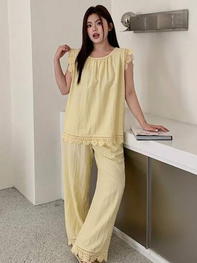 Dazy Plus 2pcs Cute Homewear Set, Solid Color Loose Sleeveless Top And Long Pants, Spring/Summer Pajamas