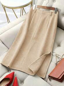 Franclia 女士秋冬人字纹羊毛中长裙，休闲通勤风，高腰开衩设计，厚实面料，宽松显瘦 - 橘色 - 查看 2