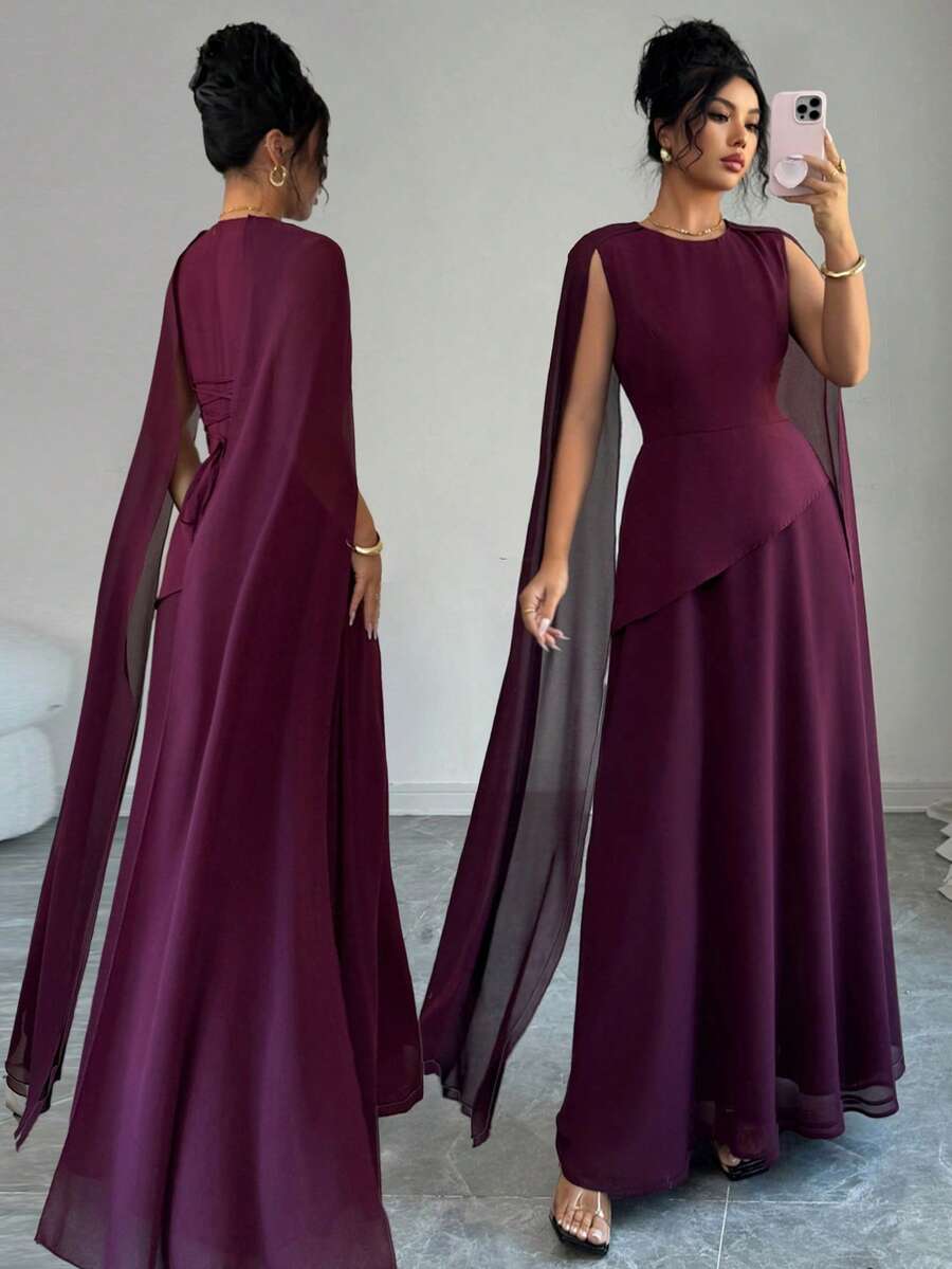 Elenzga Đầm nữ thanh lịch kiểu Trung Đông cổ điển, phối nhiều mảnh vải, dáng chữ A, thắt eo chéo, tay loe và viền voan, thích hợp cho mùa xuân, hè và thu. - Màu Tím - Xem 1