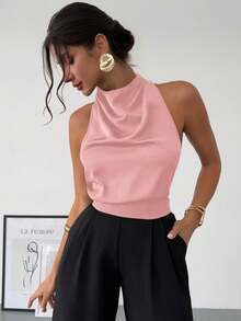 Firerie 全新春夏经典优雅通勤复古现代不对称领无袖露背蝴蝶结装饰修身黑色办公室衬衫 - 粉色 - 查看 8