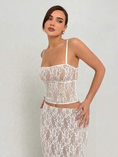 Aloruh Romantic Lace White 2 Pieces Set, Elegant Backless Lace Camisole & Low Waist Tight Lace Maxi Skirt, Suitable For Spring/Summer, Wedding Season