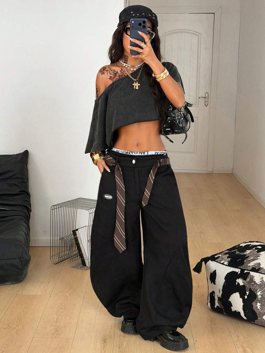 Coolane Women's & Men's Spring/Summer Back To School Streetwear Casual Cotton Comfortable Black Baggy  Wide Leg Curved Hem Pants - Black - View 1