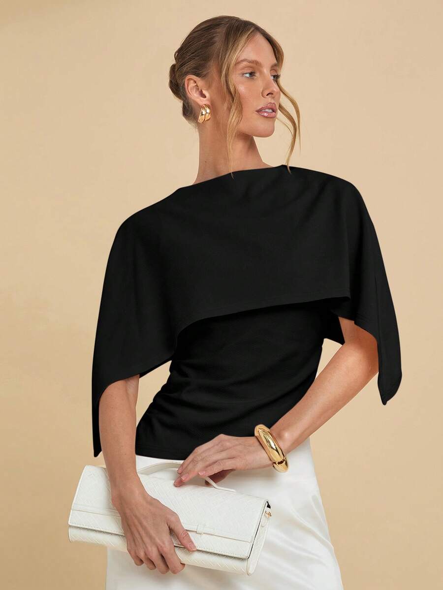 COSMINA Blusa elegante con diseño de poncho de unicolor para mujer - Negro - Ver 1