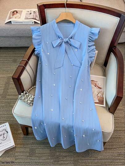 GlowEve CURVE 大码女式梭织纹理面料泡泡袖蝴蝶结领优雅短款连衣裙，春夏款