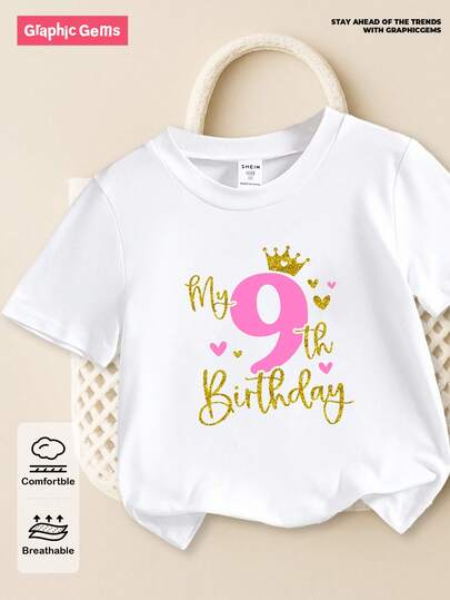 SHEIN GraphicGems Tween Girl's "My 9th Birthday" 3D Golden Crown Print Round Neck Short Sleeve White T-Shirt Summer Holiday