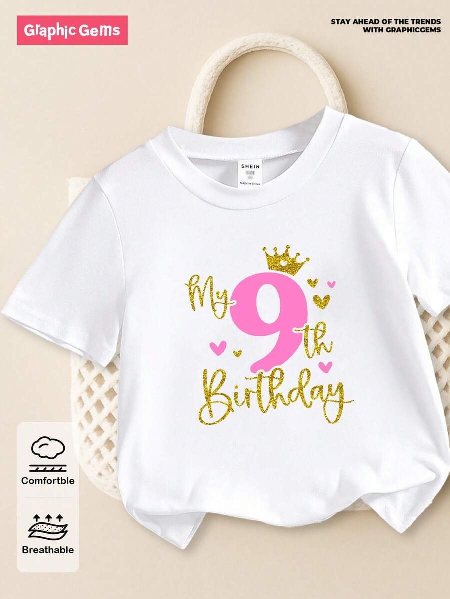SHEIN GraphicGems Áo thun trắng cổ tròn tay ngắn in hình vương miện vàng 3D "Sinh nhật lần thứ 9" cho bé gái - trắng - Xem 1