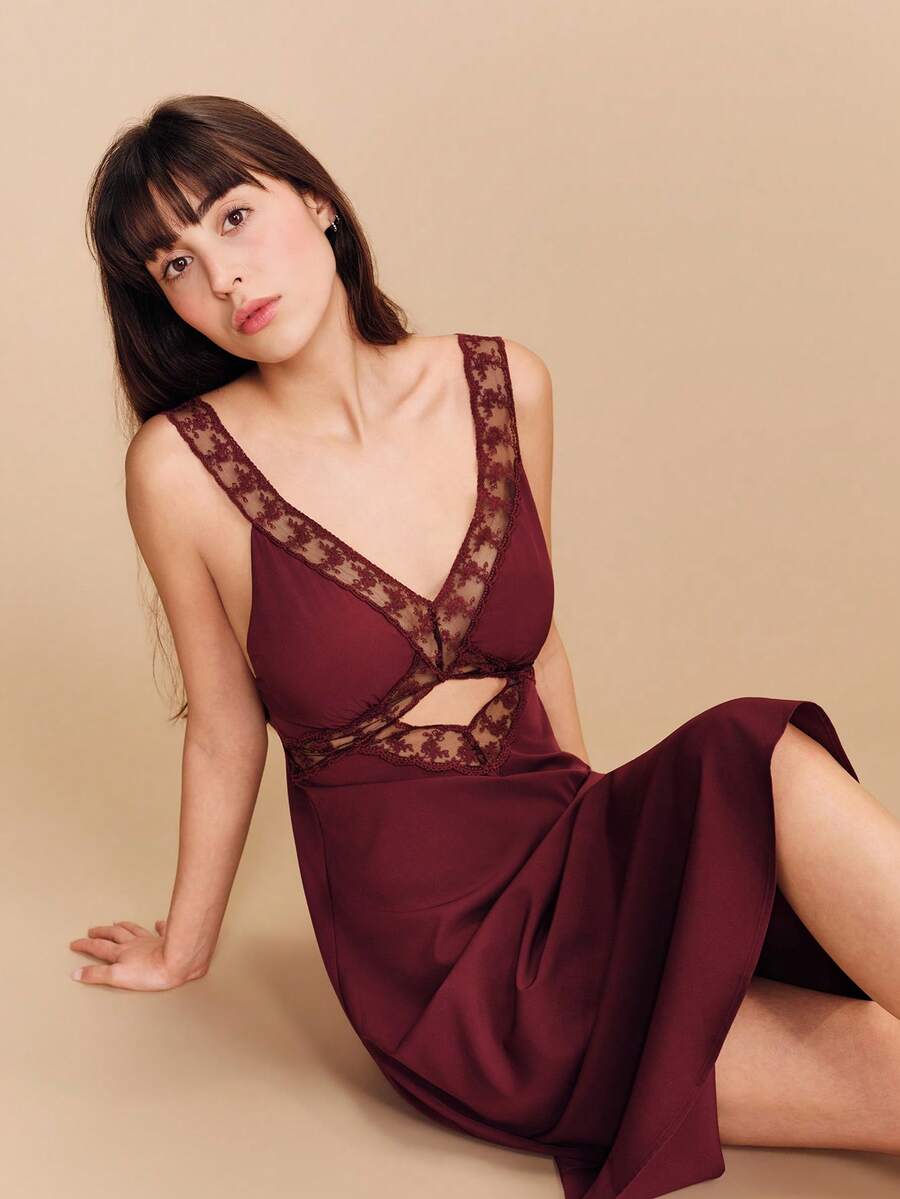 lacRébo Burgundy Fitted Midi Dress With Lace Trim V Neckline Front Cut Out Detail Sleeveless Design And Elegant Silhouette Romantic Evening Dress French Style Parisian Style Vacation Outfit Valentines Day - Purple - View 1