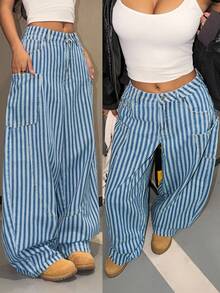 StreetHx Women's Casual Flared Leg Striped Jeans - Light Wash - View 8