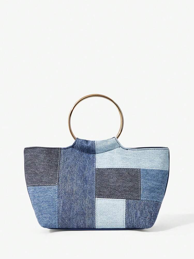 SHEIN Maija Ladies, Women Top Handle Bags, Retro, Vintage, Hardware Handle, PU Splicing, Fashionable, Elegant, Simple, Personalized, Versatile, Classic, For Commute, Office, Date, Daily, Shopping, Afternoon Tea