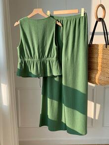 Comfortcana 女士休闲度假通勤纯色V领无袖系带前摆荷叶边上衣和阔腿裤套装，春夏款 - 橄欖綠 - 查看 2