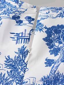 SHEIN Tween Girl Woven Landscape Print Round Neck Puff Sleeve Loose Casual Dress, Girls Blue Puff Sleeves, Puff Sleeve Dress Girls, Tween Blue And White Dress, Blue And White Print Dress - Navy Blue - View 7