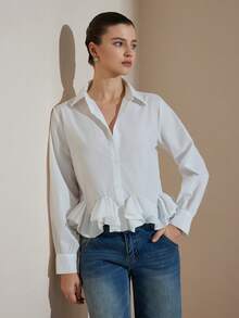 Aveloria Rosie New Fashionable Versatile Elegant Ruffle Hem Long Sleeve Blouse - White - View 3