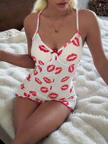 SHEIN Lip Print Sexy V-Back Criss-Cross Strap Design Fitted Comfortable Women Jumpsuit Pajamas - White - View 7