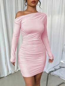Glyssa Women's Solid Color Asymmetric Ruched Long Sleeve Dress - Pink - View 3