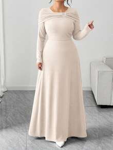 Elenzga Langarm Rippkleid in Große Größen - Aprikosenfarben - Übersicht 4