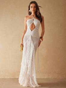 Silquee 度假风夏季新款性感透视镂空针织无肩带连衣裙，不对称流苏下摆 - 白色 - 查看 5