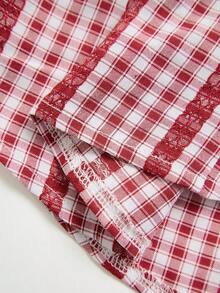 Sweetra Women's Elegant Vintage Red Plaid Puff Sleeve Cinched Waist Short Sleeve Blouse, Spring/Summer - Red - View 4