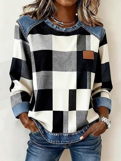 EMERY ROSE Plus Size Colorblock Plaid Round Neck Long Sleeve T-Shirt