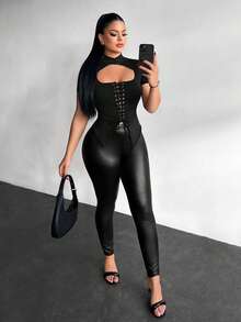 SHEIN SXY Áo thun ngắn tay nữ gợi cảm khoét lỗ, buộc dây, phong cách Y2K - màu đen - Xem 7