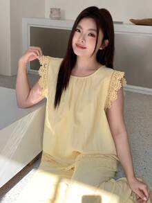 Dazy Plus 2pcs Cute Homewear Set, Solid Color Loose Sleeveless Top And Long Pants, Spring/Summer Pajamas - Yellow - View 6