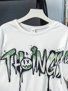 两件套青少年男童休闲印花T恤和宽松工装短裤套装 - 軍綠色 - 查看 4