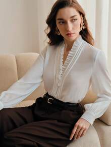 Anewsta Elegant French Style Ruffle V-Neck Design Fashion Women Blouse, Suitable For New Year, Spring, Summer, White, Valentine's Day - White - View 1