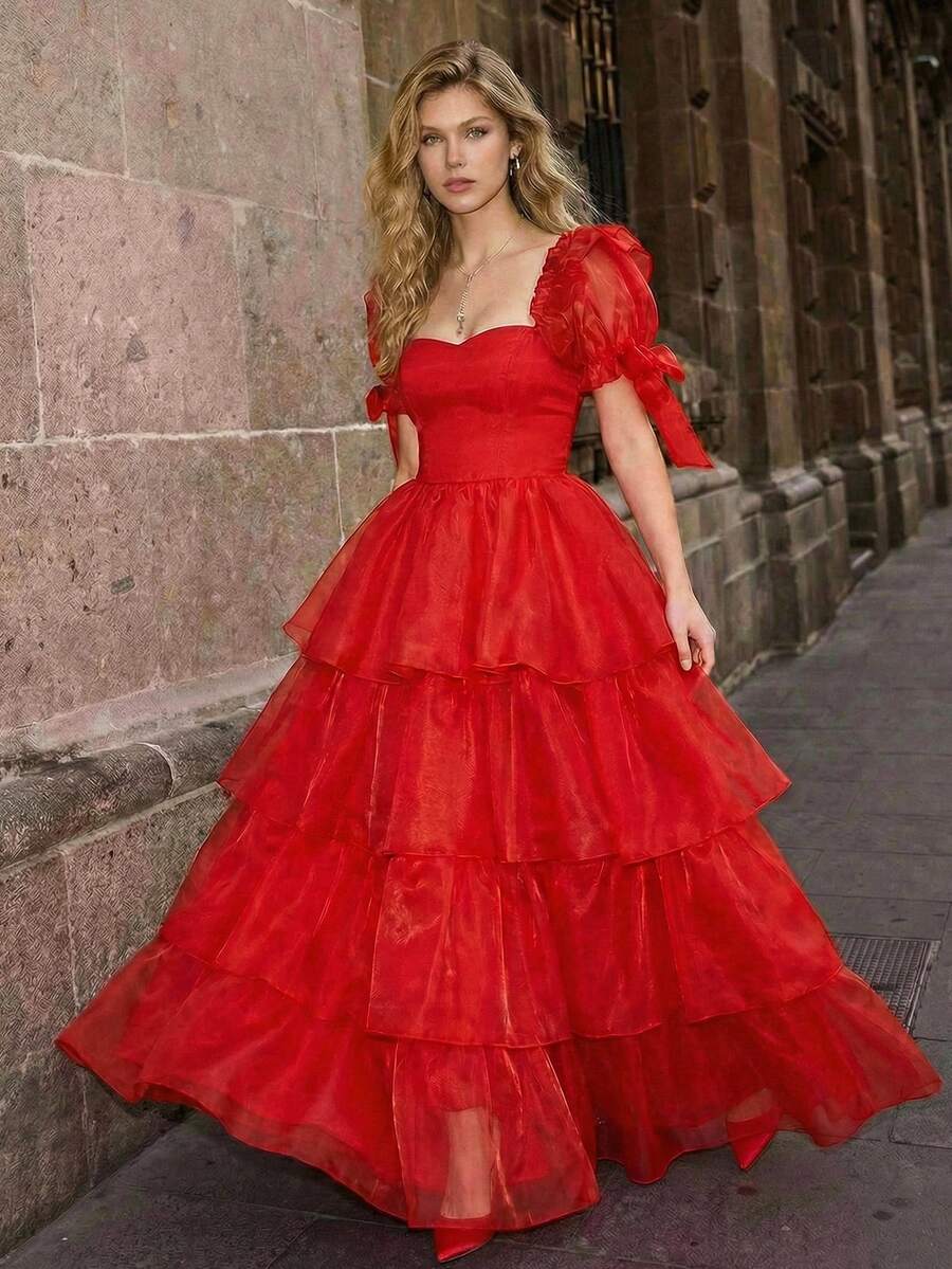 SHEIN MOD Women's Red Puff Sleeve Bow Decor Multi-Layer Mesh Patchwork Party Cake Dress, Valentine's Day Dress,Wedding,Elegant Dresses,Red Dress,Wedding Guest Dress For Women, Spring/Summer Outfits, Red Birthday Dress, Organza Dress, - Red - View 1