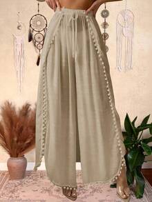 Swim Lushoire 女式夏季沙灘純色寬腿連體褲，帶有毛球裝飾 - 卡其色 - 查看 7