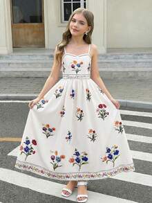 SHEIN Serisse Kids Tween Girl Ditsy Floral Sleeveless Mid-Length Dress - Multicolor - View 6