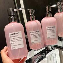 Three Pieces Semi Transparent Jade Pink 500ml/16oz Reusable Plastic Bottle With Waterproof Label, Suitable For Shampoo, Conditioner, Shower Gel, Shower Gel - Home, Hotel, Salon Use - Japanese And Korean Style - Jade Pink - View 2