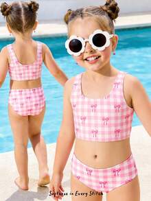 SHEIN Young Girls' Sweet Bow Plaid Pattern Casual Camisole & Briefs Swimwear Set, Suitable For Summer Vacation, Hot Spring, Beach, Beachwear - Multicolor - View 5